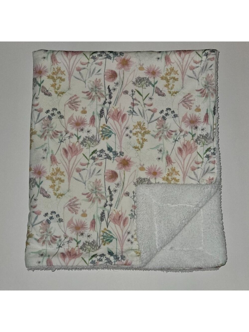 Pink Yellow Green White Floral Butterfly Bee Baby Blanket Fleece Sherpa 30x35